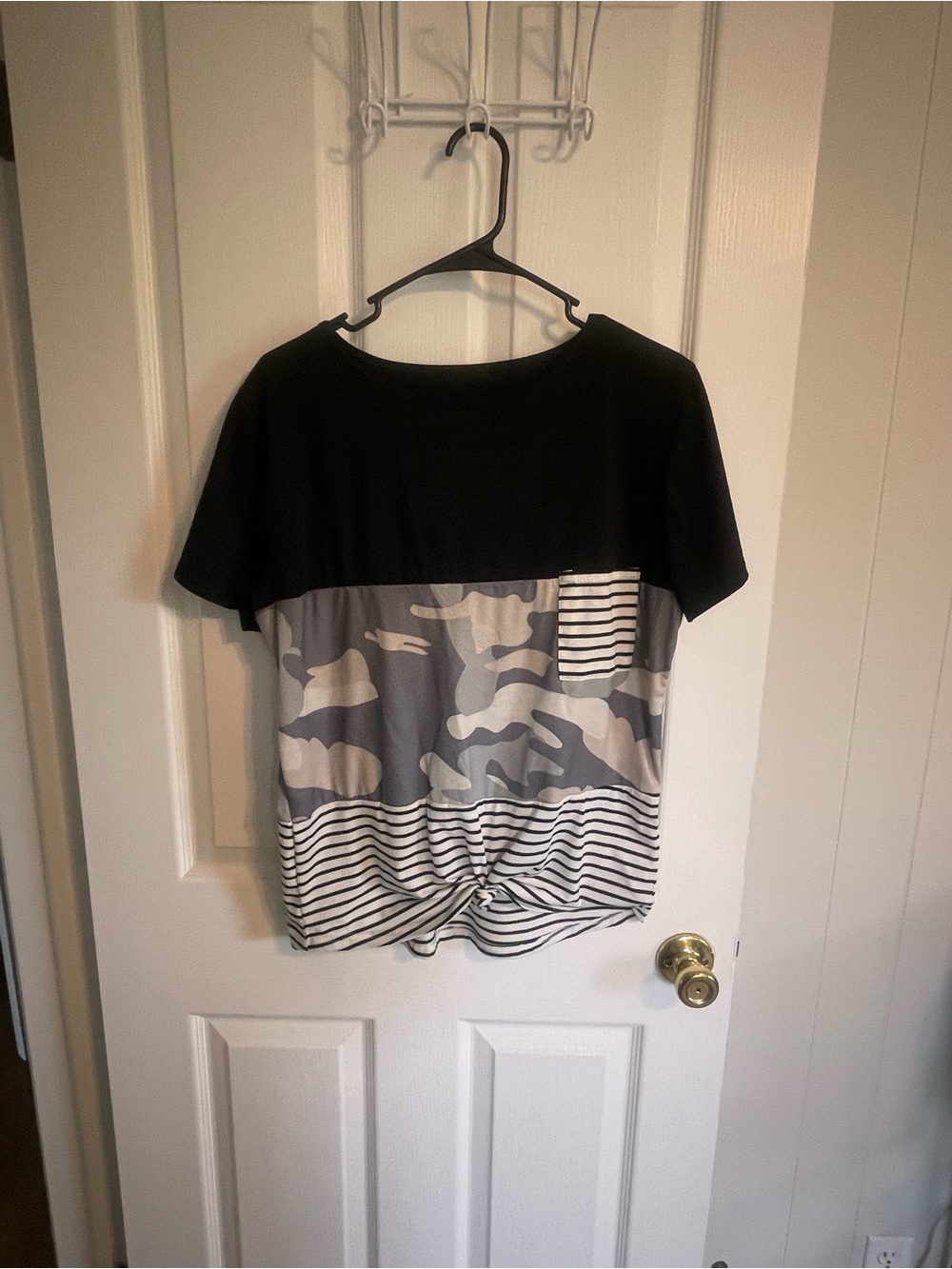 Mixed Pattern Short Sleeve Top in Black, Gray & Cream